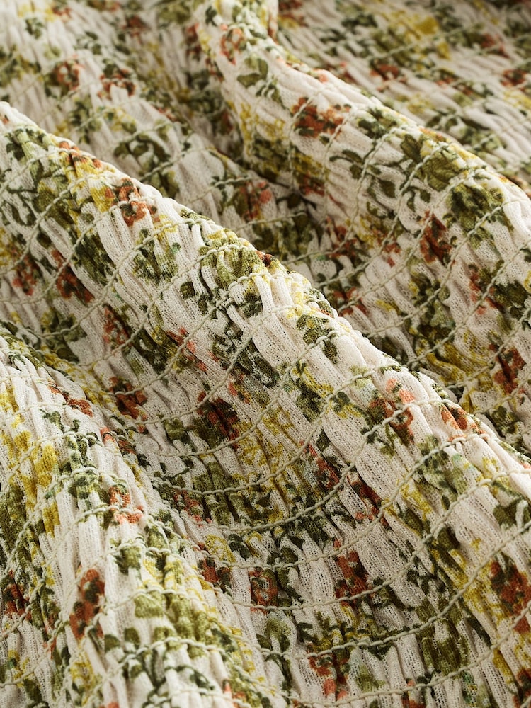 Ecru Floral Print Long Sleeve Shirred Mesh Top - Image 8 of 8