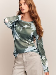 Green/Blue Print Long Sleeve Crew Neck Top - Image 1 of 7