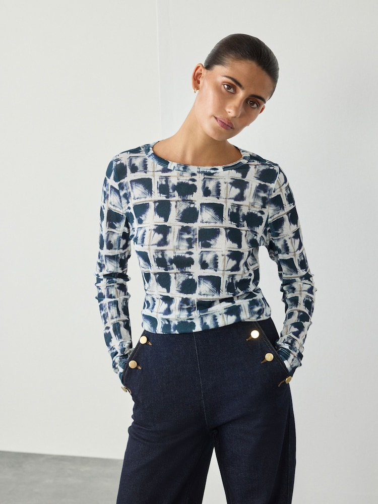 Inky Check Print Long Sleeve Crew Neck Top - Image 1 of 7