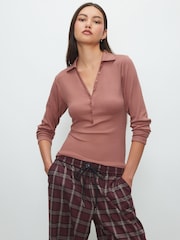 Pink Long Sleeve Collar Polo Top - Image 1 of 7