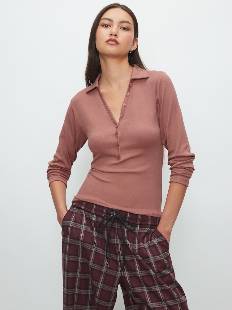 Pink Long Sleeve Collar Polo Top - Image 1 of 7 Pink Long Sleeve Collar Polo Top - Image 1 of 7