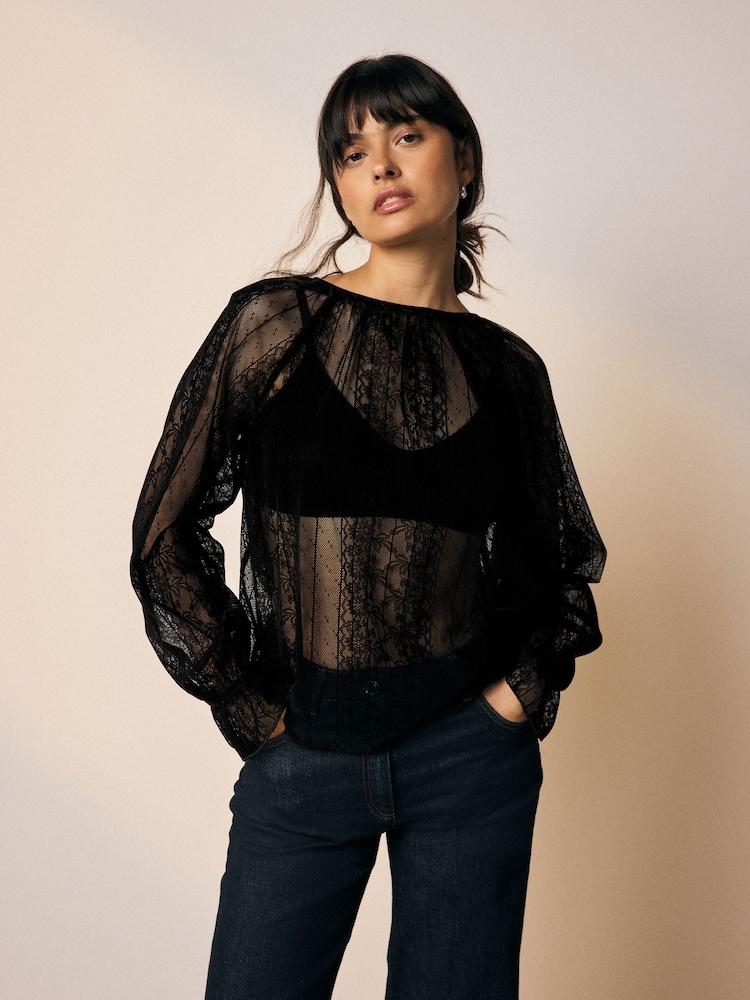 Black Long Sleeve Flocked Lace Volume Blouse - Image 1 of 9