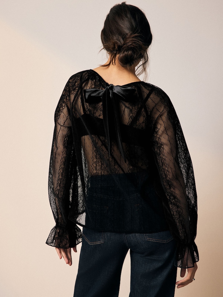 Black Long Sleeve Flocked Lace Volume Blouse - Image 2 of 9