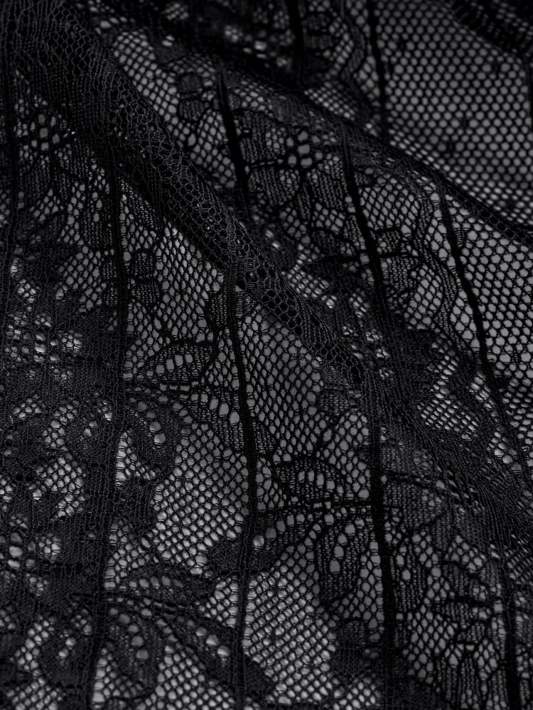 Black Long Sleeve Flocked Lace Volume Blouse - Image 9 of 9