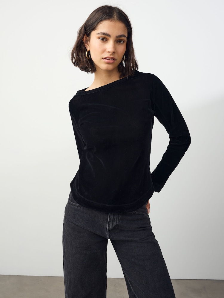 Black Long Sleeve Flocked Mesh Top - Image 1 of 6