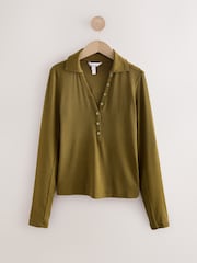 Olive Green Long Sleeve Collar Polo Top - Image 1 of 3