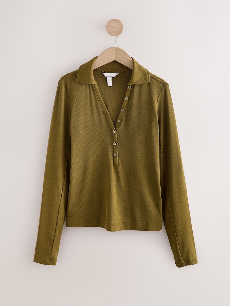 Olive Green Long Sleeve Collar Polo Top - Image 1 of 3