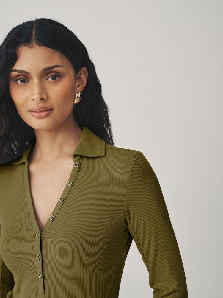 Olive Green N. Premium Long Sleeve Collar Polo Top - Image 1 of 6 Olive Green N. Premium Long Sleeve Collar Polo Top - Image 1 of 6