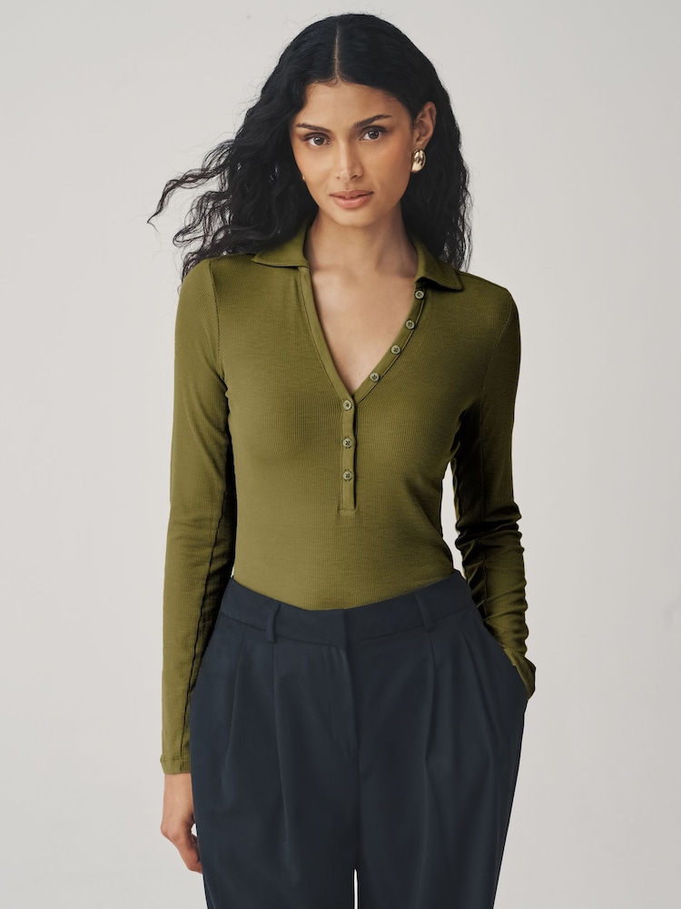 Olive Green N. Premium Long Sleeve Collar Polo Top - Image 2 of 6 Olive Green N. Premium Long Sleeve Collar Polo Top - Image 2 of 6