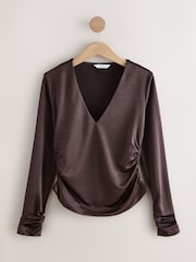 Chocolate Brown Satin Jersey V-Neck Long Sleeve Top - Image 1 of 3