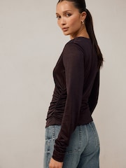 Chocolate Brown Satin Jersey V-Neck Long Sleeve Top - Image 4 of 8