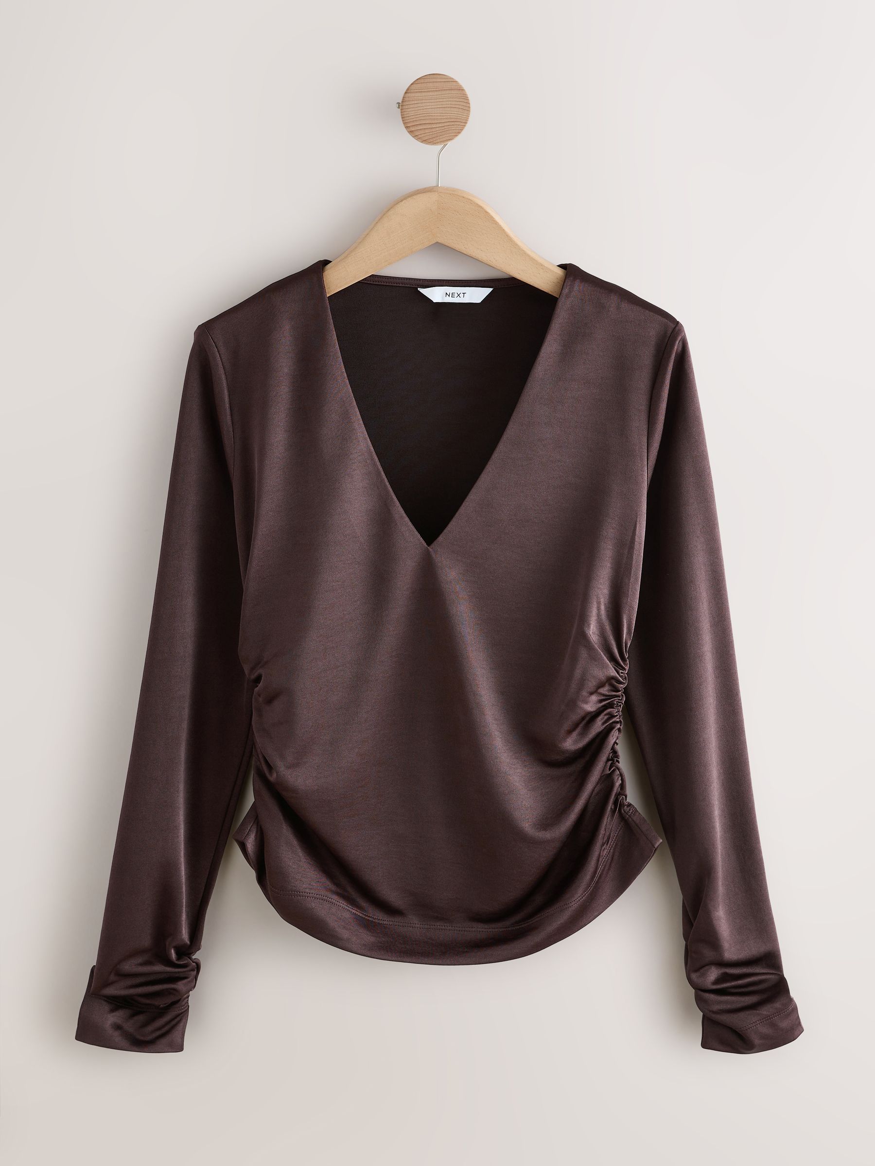Buy Chocolate Brown Satin Jersey V-Neck Long Sleeve Top from Next USA
