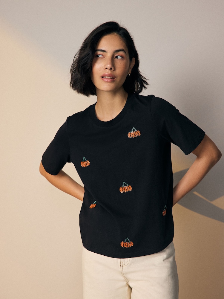 Black Halloween Pumpkin Sparkle Short Sleeve T-Shirt - Image 1 of 7