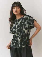 Green Animal Print Flutter Sleeve Textured Smart Top - Image 1 of 7
