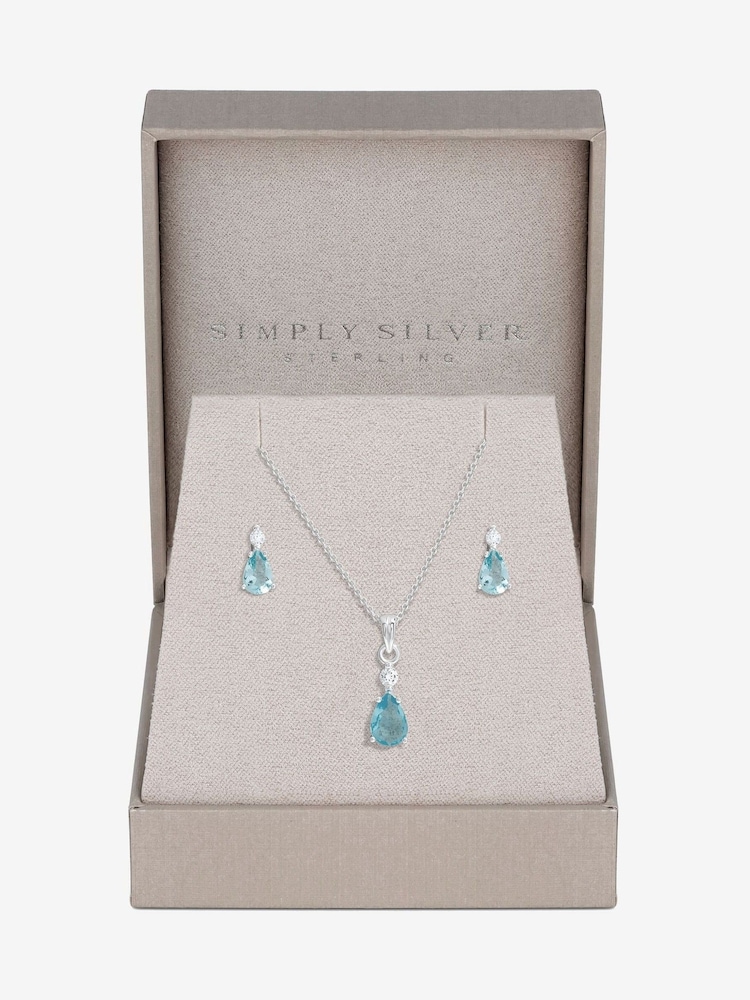 Simply Silver Silver Tone 925 Cubic Zirconia and Aqua Drop Set - Gift Boxed - Image 1 of 2