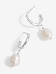 Simply Silver Silver Tone 925 Polished Textured and Pearl Hoop Earrings - Image 1 of 2