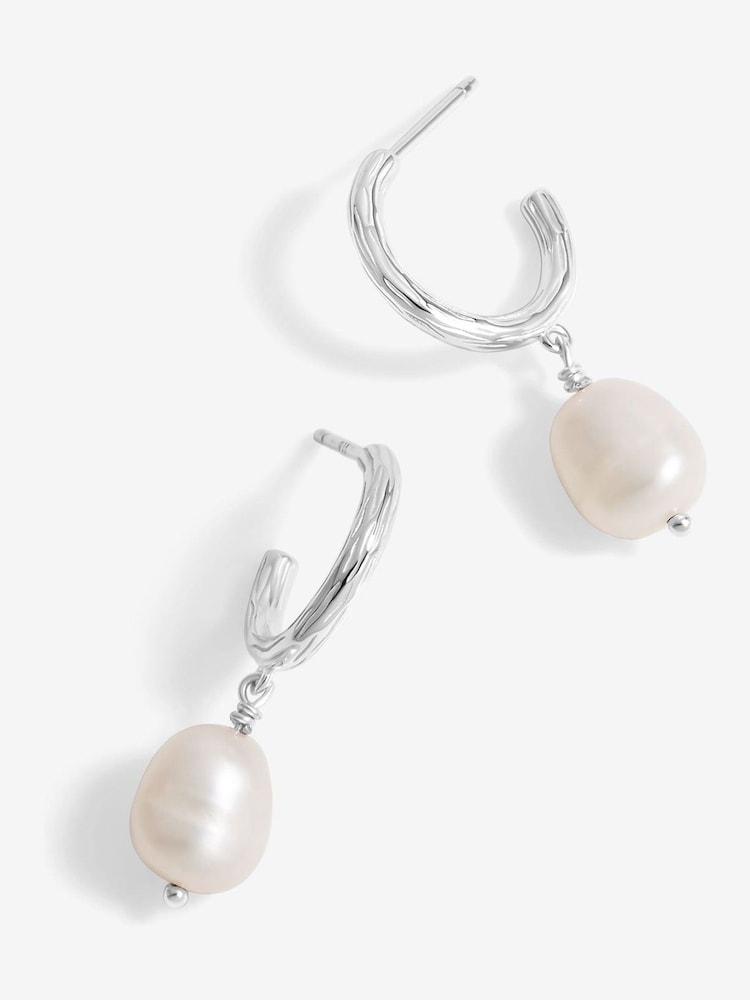 Simply Silver Silver Tone 925 Polished Textured and Pearl Hoop Earrings - Image 1 of 2