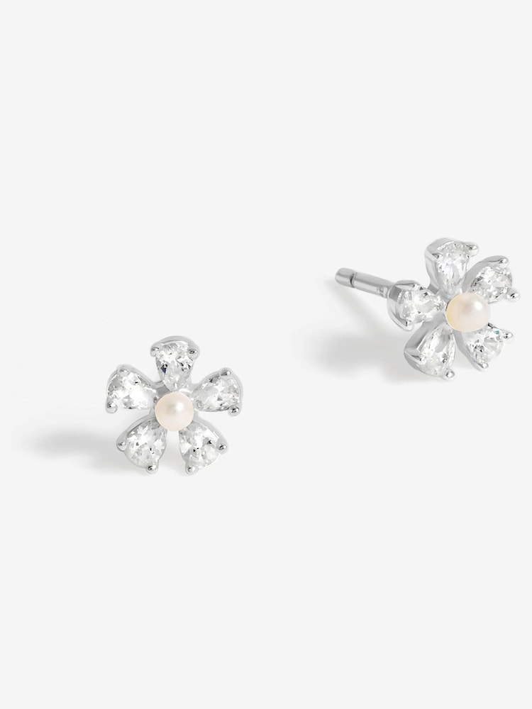 Simply Silver Silver Tone 925 Cubic Zirconia and Pearl Flower Stud Earrings - Image 1 of 3