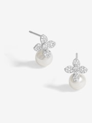 Simply Silver Silver Tone 925 Cubic Zirconia Flower and Pearl Drop Stud Earrings - Image 1 of 3