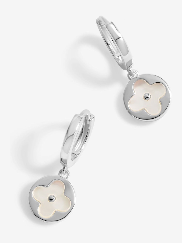 Simply Silver Silver Sterling 925 Mother Of Pearl Round Clover Charm Huggie Earrings - Image 1 of 3
