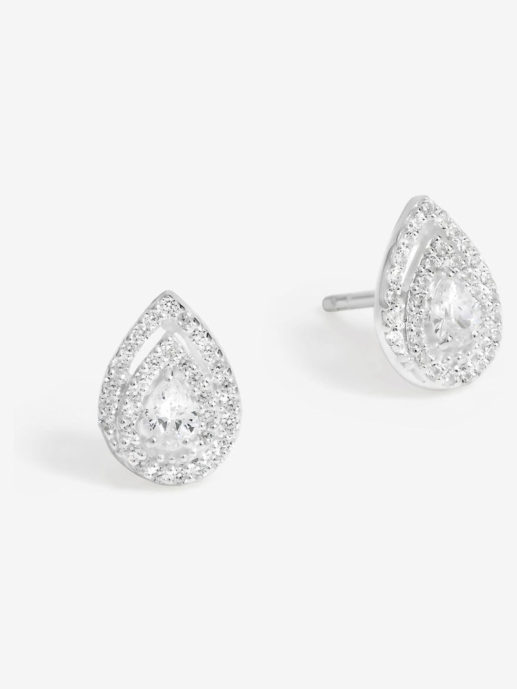 Simply Silver Silver Tone 925 Cubic Zirconia Double Halo Pear Stud Earrings - Image 1 of 3