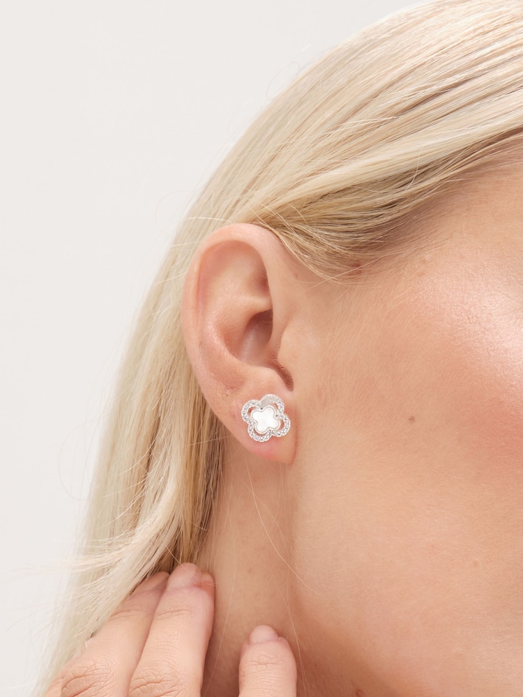 Simply Silver Silver Tone 925 Mother Of Pearl and Cubic Zirconia Clover stud Earrings - Image 2 of 3
