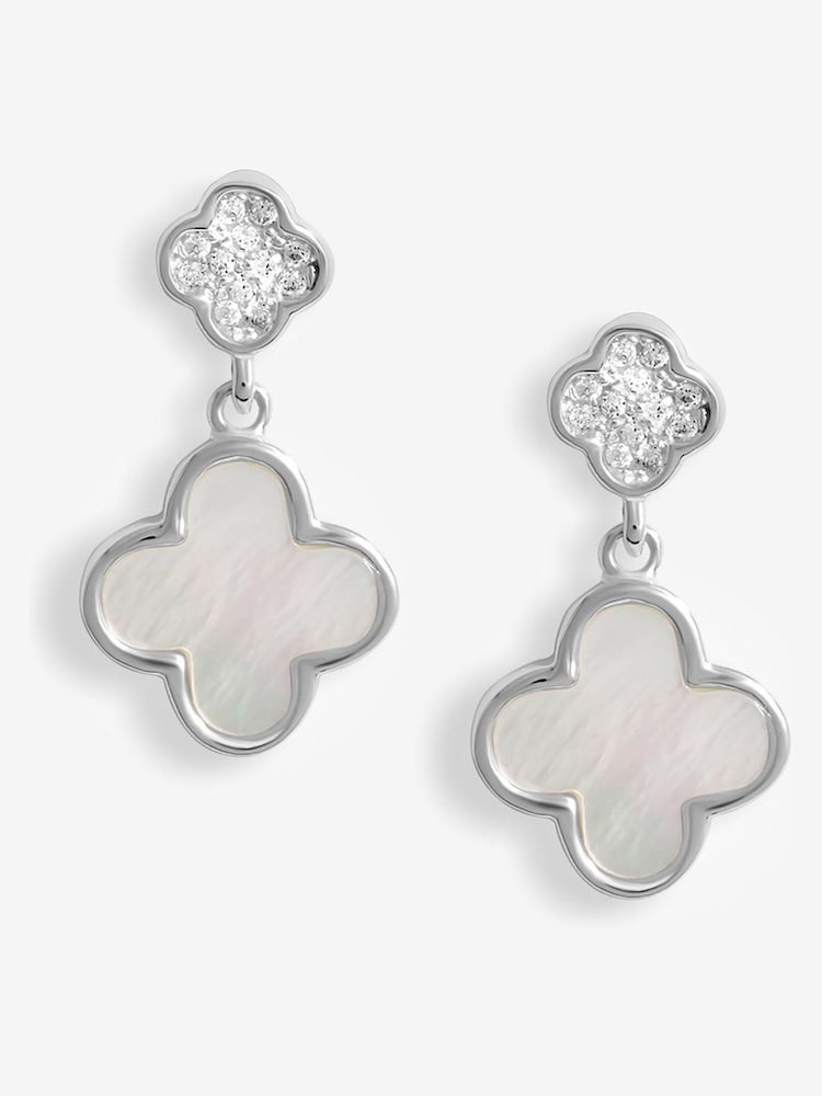 Simply Silver Silver Tone 925 Pave and Mother Of Pearl double Drop Clover Stud Earrings - Image 1 of 3