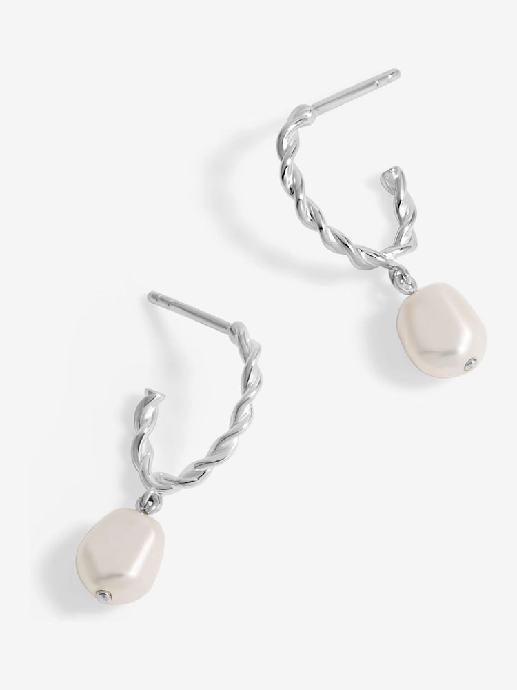 Simply Silver Silver Tone 925 Polished twist and Pearl Hoop Earrings - Image 1 of 3