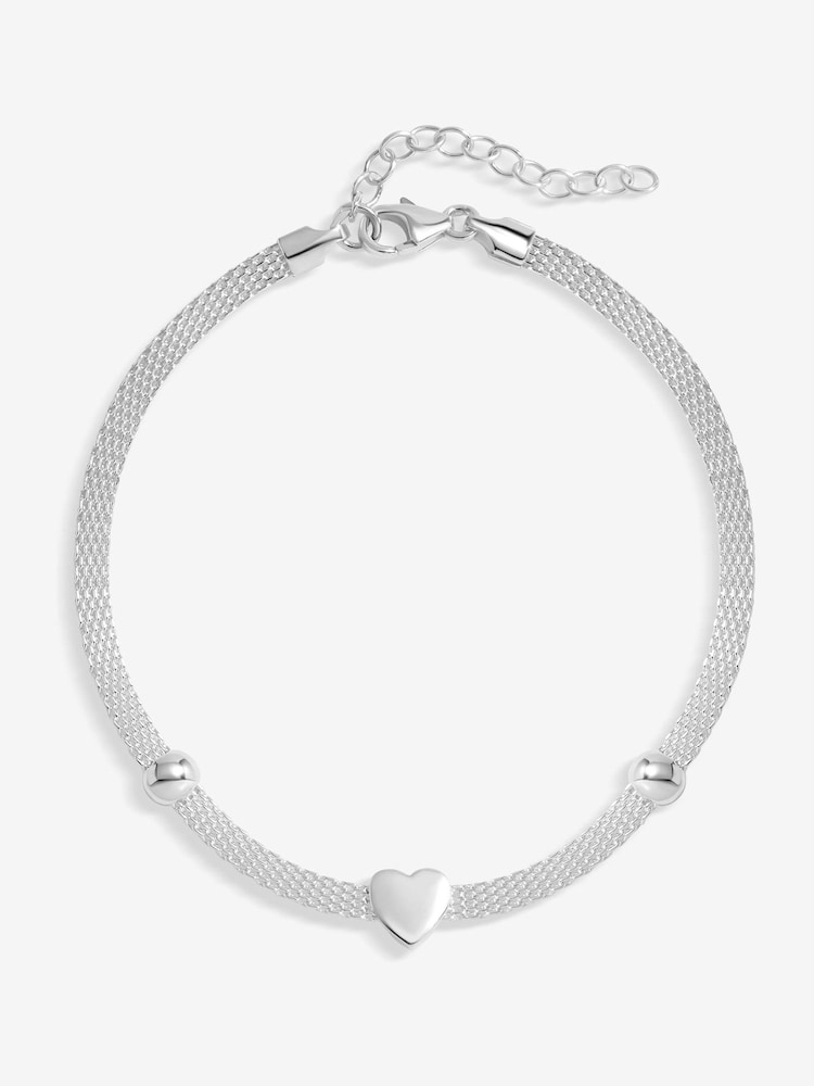 Simply Silver Sterling 925 Polished Mesh Station Heart Bracelet - Imagen 1 de 4