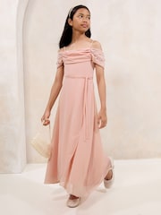 Lipsy Pink Bardot Cold Shoulder Embellished Occasion Dress (7-16yrs) - Image 1 of 4