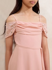 Lipsy Pink Bardot Cold Shoulder Embellished Occasion Dress (7-16yrs) - Image 2 of 4