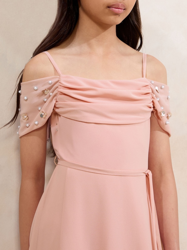 Lipsy Pink Bardot Cold Shoulder Embellished Occasion Dress (7-16yrs) - Image 2 of 4
