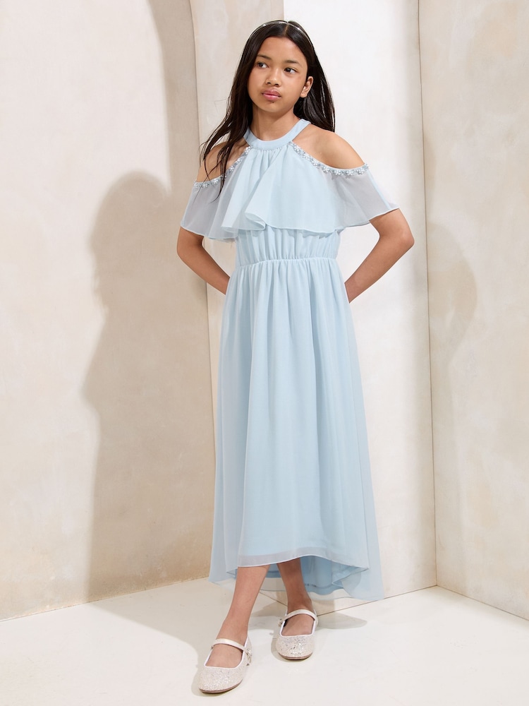 Lipsy Blue Cold Shoulder Embellished Occasion Dress (7-16yrs) - Image 1 of 5