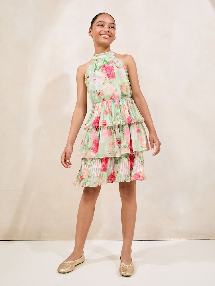 Lipsy Green Floral Print Halter Tiered Dress (5-16yrs) - Image 4 of 5