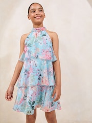 Lipsy Blue Floral Print Halter Tiered Dress (5-16yrs) - Image 1 of 4