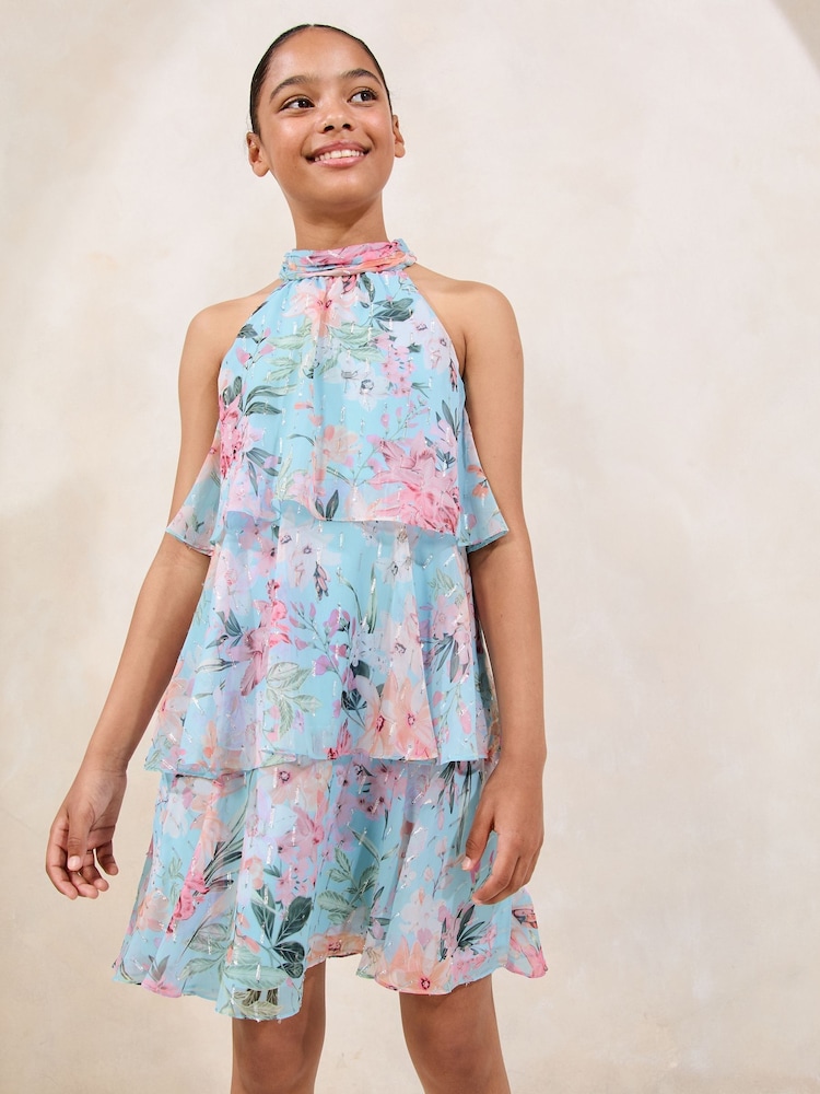 Lipsy Blue Floral Print Halter Tiered Dress (5-16yrs) - Image 1 of 4