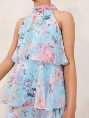 Lipsy Blue Floral Print Halter Tiered Dress (5-16yrs) - Image 2 of 4