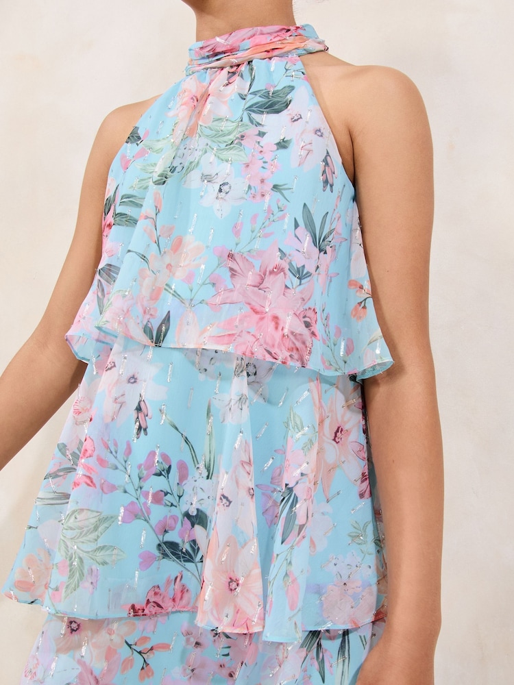 Lipsy Blue Floral Print Halter Tiered Dress (5-16yrs) - Image 2 of 4