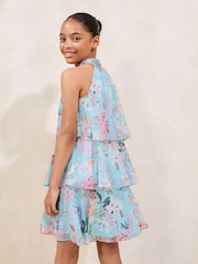 Lipsy Blue Floral Print Halter Tiered Dress (5-16yrs) - Image 4 of 4