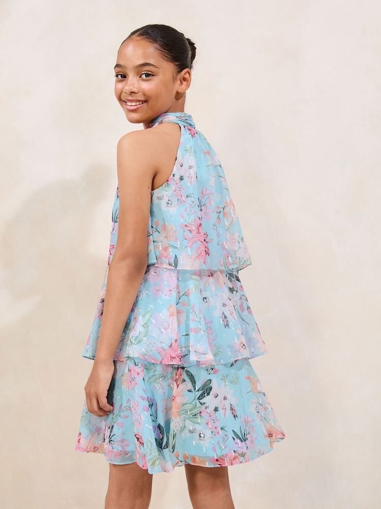 Lipsy Blue Floral Print Halter Tiered Dress (5-16yrs) - Image 4 of 4