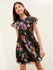 Lipsy Black Floral Print Ruffle Angel Sleeve Dress (5-16yrs) - Image 1 of 4