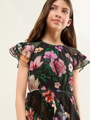 Lipsy Black Floral Print Ruffle Angel Sleeve Dress (5-16yrs) - Image 3 of 4