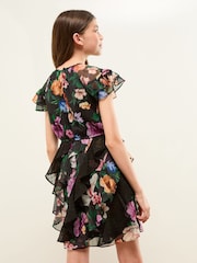 Lipsy Black Floral Print Ruffle Angel Sleeve Dress (5-16yrs) - Image 4 of 4