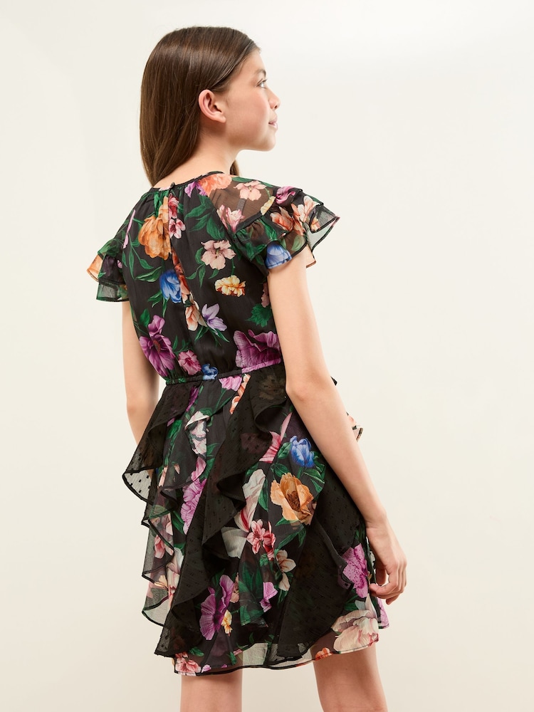 Lipsy Black Floral Print Ruffle Angel Sleeve Dress (5-16yrs) - Image 4 of 4