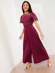 Lipsy Burgundy Red Flutter Sleeve Lace Occasion Jumpsuit (5-16yrs) - Image 1 of 4