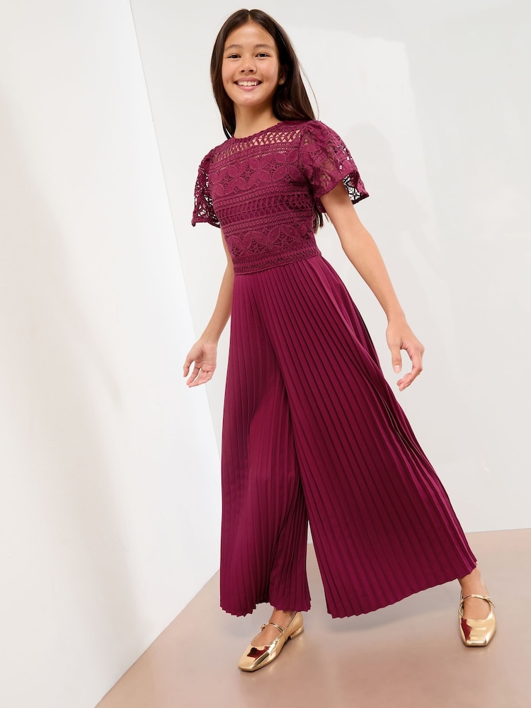 Lipsy Burgundy Red Flutter Sleeve Lace Occasion Jumpsuit (5-16yrs) - Image 1 of 4