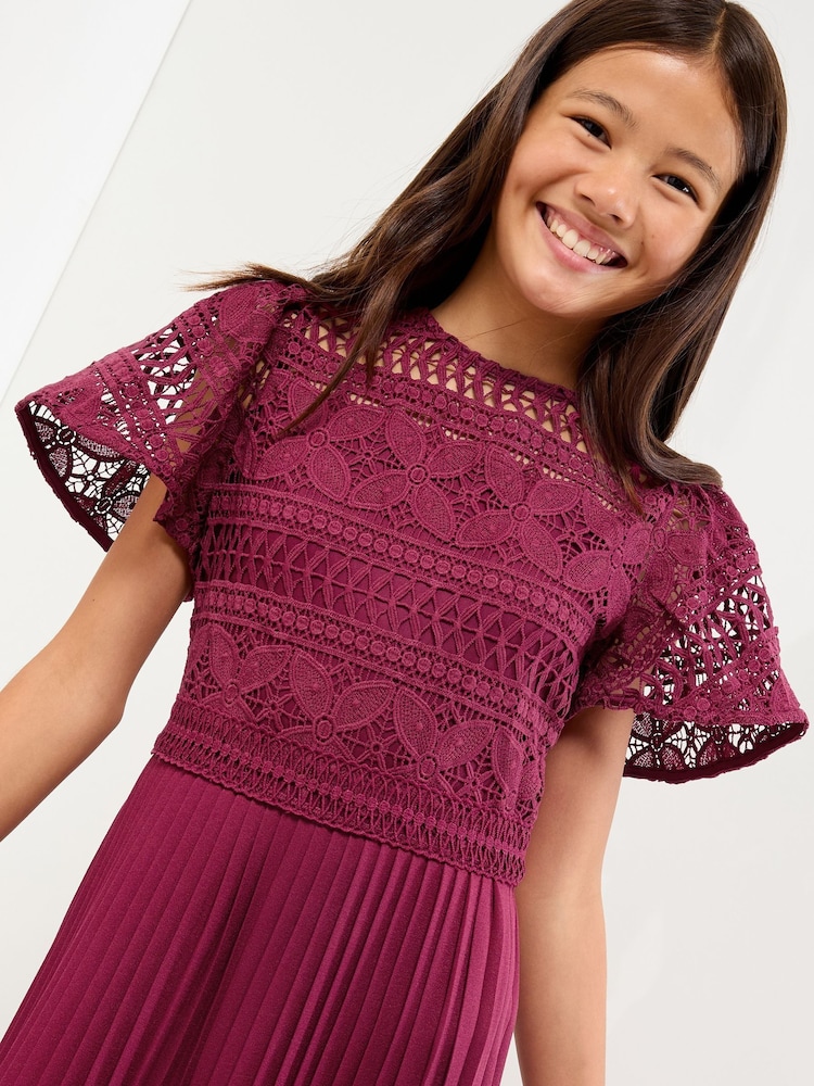 Lipsy Burgundy Red Flutter Sleeve Lace Occasion Jumpsuit (5-16yrs) - Image 2 of 4