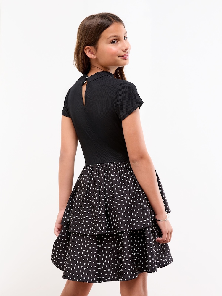 Lipsy Black 2-in-1 Polka Dot Tiered Dress (5-16yrs) - Image 2 of 4