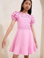 Lipsy Pink Embellished Bow Lace Scuba 2-in-1 Occasion Dress (5-16yrs) - Image 1 of 4