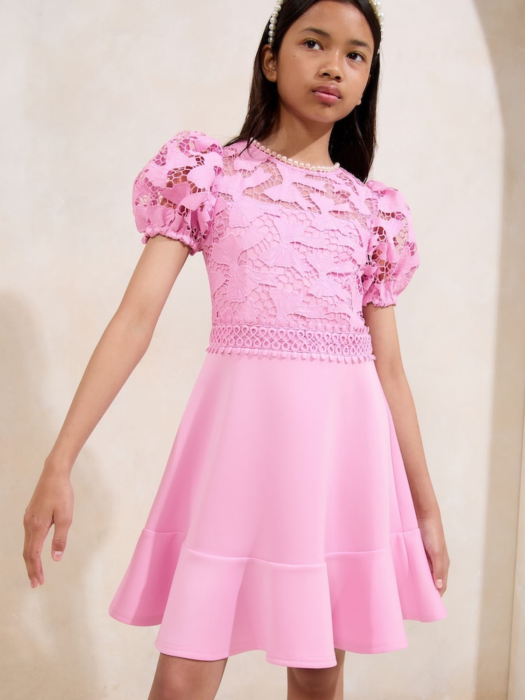 Lipsy Pink Embellished Bow Lace Scuba 2-in-1 Occasion Dress (5-16yrs) - Image 1 of 4